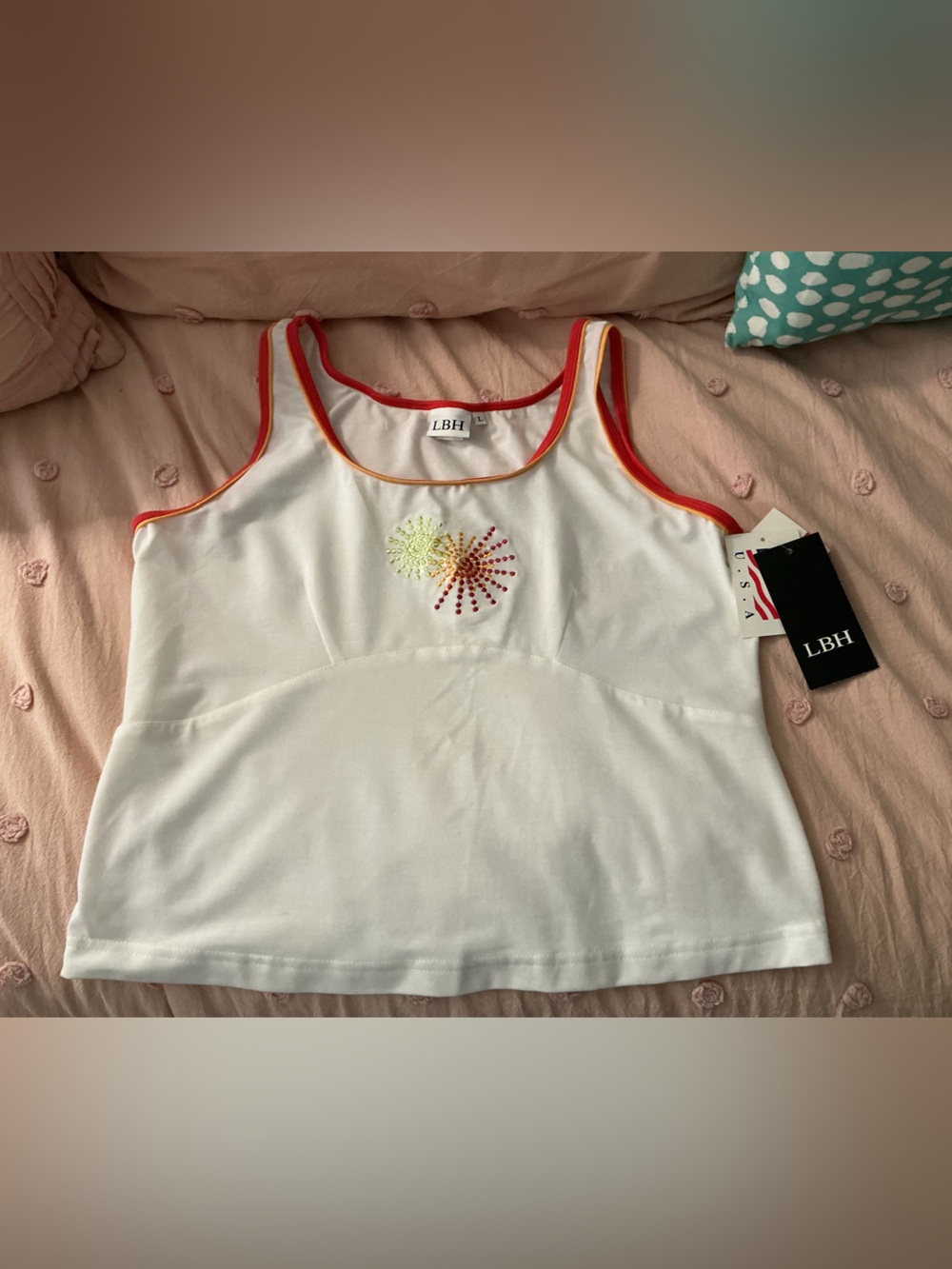 LBH White Tank Top with Orange Trim and Embellished Detail